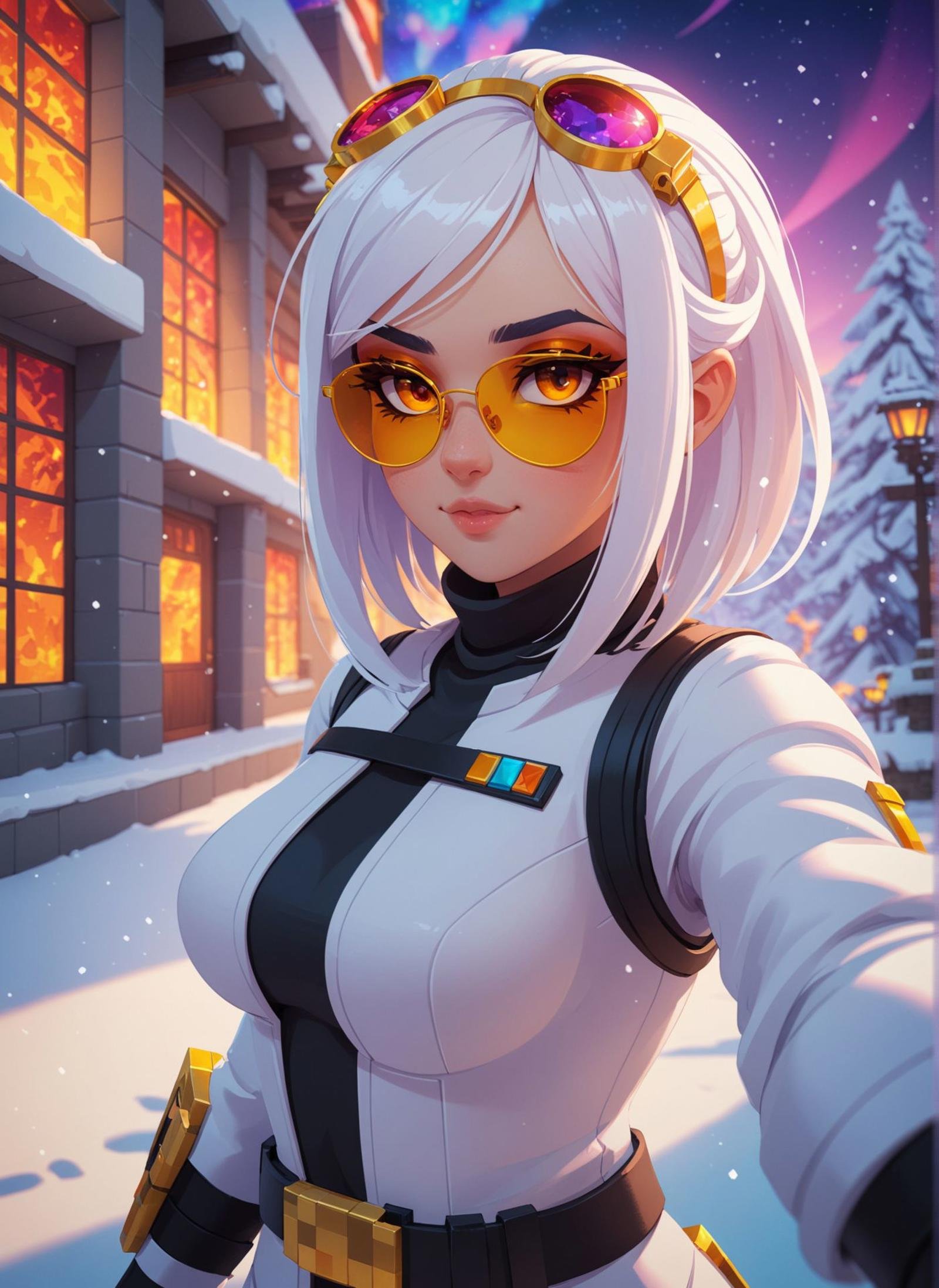 (((masterpiece))) , (((best quality))) , anime style, 2d, Golden ratio, selfie shot angle of a lowborn Futuristic Southern Sergeant (good-looking 1girl, solo:1.1) , in Bustled Dirac, White hairstyle, Feral Belt, ray-ban glasses and Fantasy Makeup, Snowy, Minecraft, Colorful, artstation, magic atmosphere, pure, ambient background, unique, enhanced quality