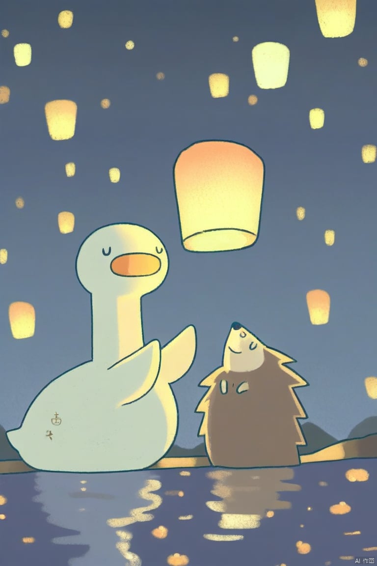 tianhai illustration, a serene night scene with floating lanterns a white goose and a brown hedgehog by a calm water body with the goose releasing a lantern into the sky.