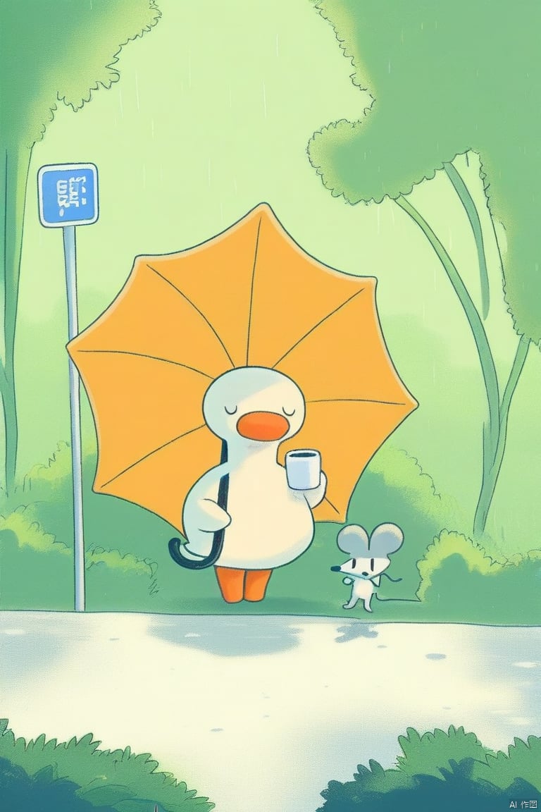 tianhai illustration,a white duck with an orange umbrella holding a cup stands on a path surrounded by greenery with a small mouse nearby.