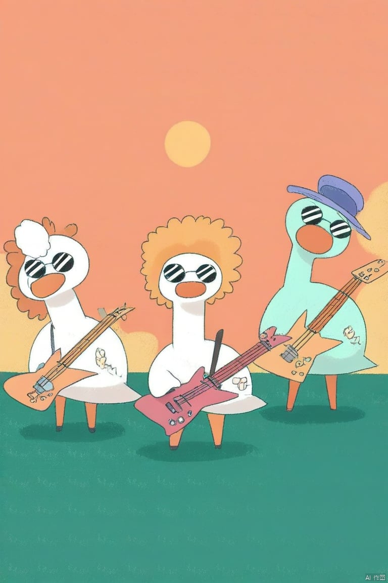 tianhai illustration, three animated birds playing electric guitars against a sunset backdrop.