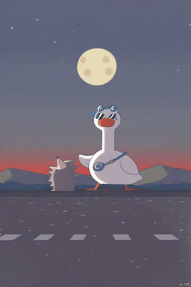 tianhai illustration,a goose with sunglasses stands on a road at dusk with a small hedgehog beside it under a full moon.