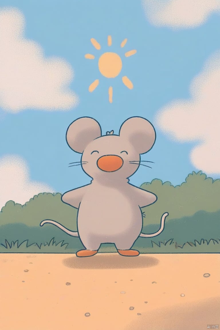 tianhai illustration, a cute gray mouse standing on a peach-colored ground with blue sky and yellow sun rays behind it.