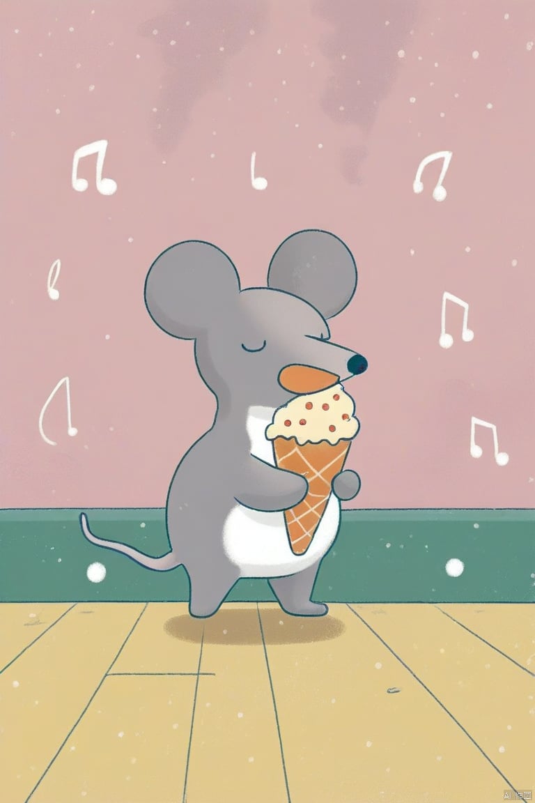 tianhai illustration, a gray mouse holding a yellow ice cream cone standing on a yellow surface against a pink background with musical notes floating around.