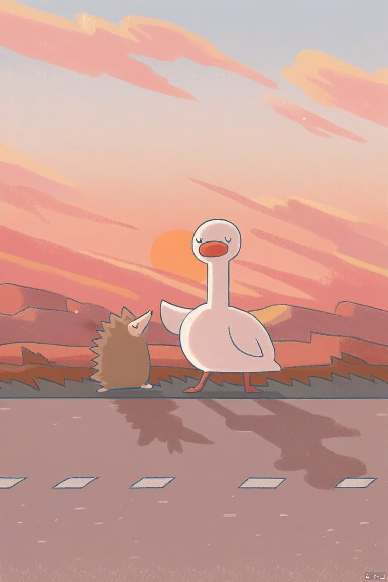 tianhai illustration, a serene sunset with a white bird and a brown creature standing on a road with the sun casting a warm glow over the landscape.