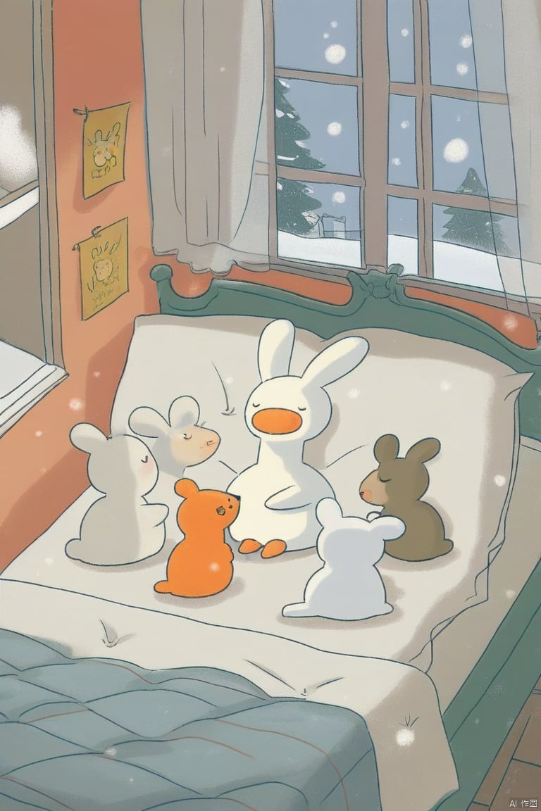 tianhai illustration, a cozy indoor scene with four bunnies gathered around a carrot character in bed with a snowy window in the background.