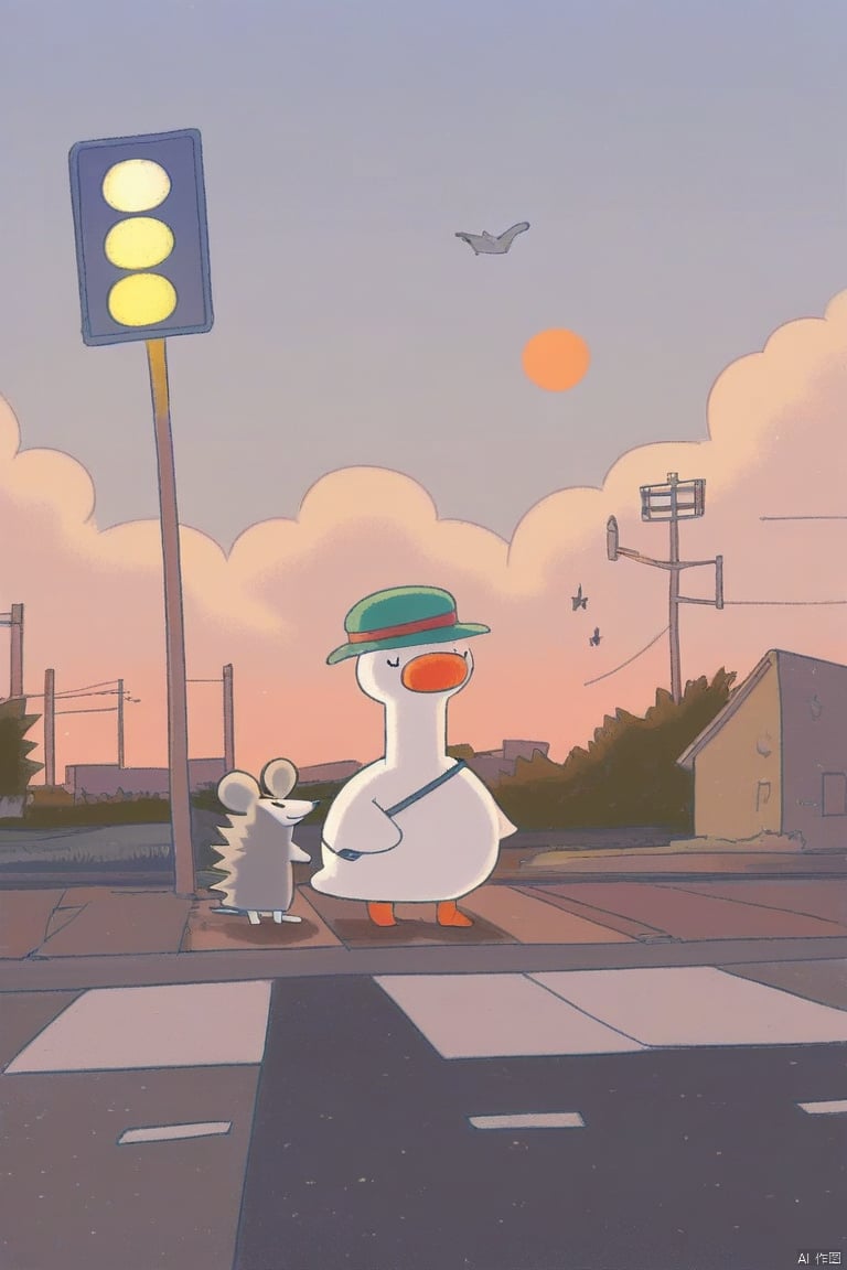 tianhai illustration, a serene town scene during sunset with a white goose and a small hedgehog wearing hats standing near a traffic light while a mouse peeks out from a window.