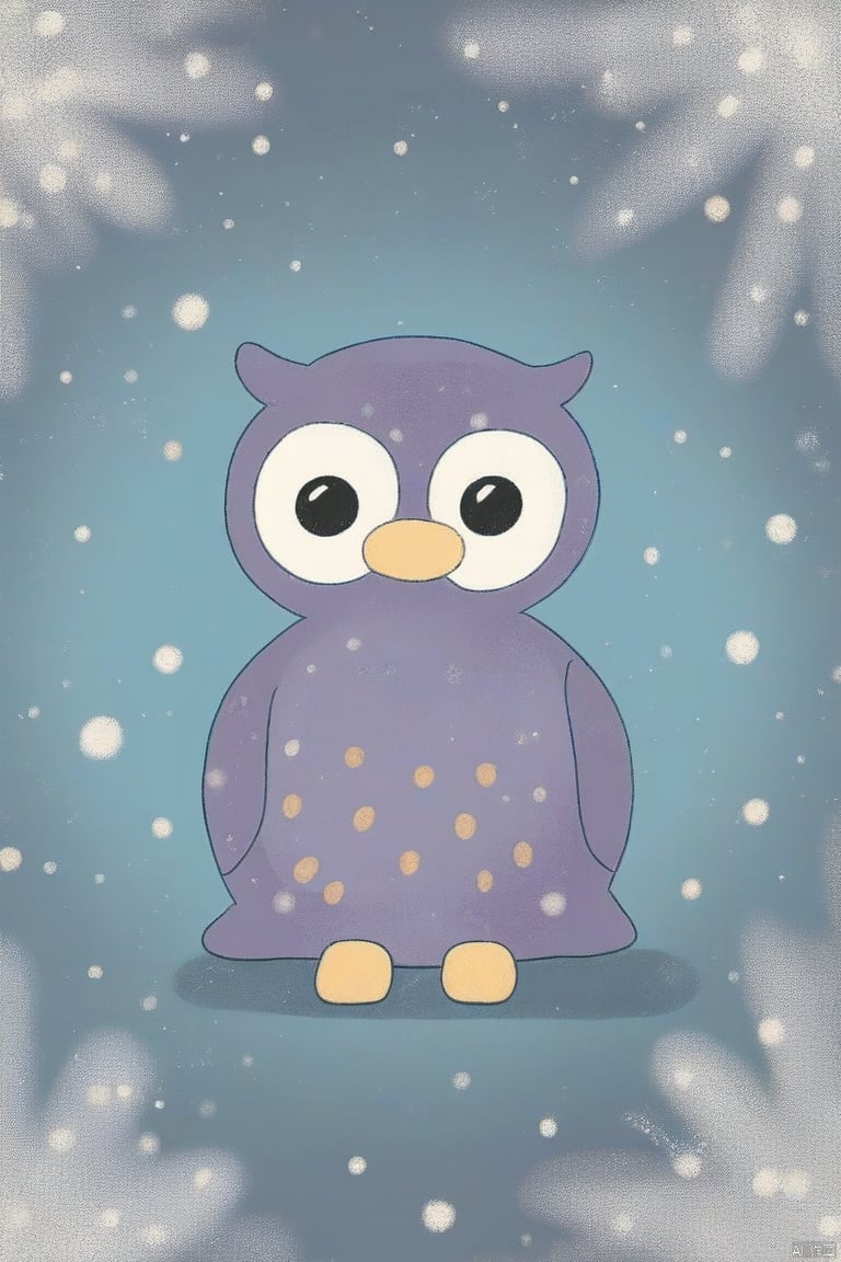 tianhai illustration, a purple owl with large yellow eyes against a light blue background dotted with white specks resembling snowflakes.