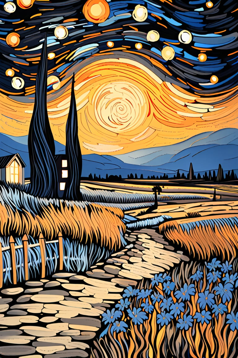 nature landscape, vangogh style, night light, black background