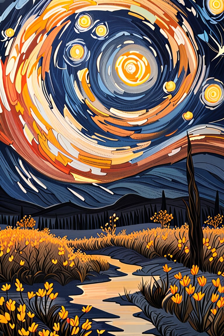 nature landscape, vangogh style, night light, black background