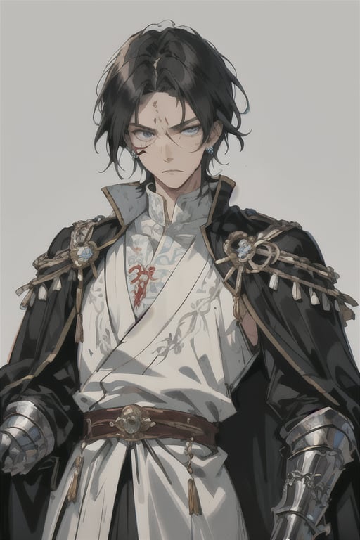 manga, anime, illustration, digital art, background, (masterpiece, best quality), male, blue eyes, piercing eyes, black hair, perfectly styled hair, arrogant demeanour, prince, finest attire, attire adorned with intricate embroidery, royal, medieval,  thin scar above his left eyebrow, series of faint scratches on his right cheekbone 