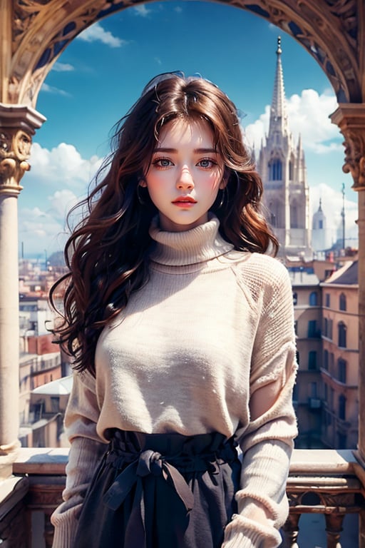 Masterpiece, best quality, high resolution, 8K, a girl with delicate features, long brown hair, azure eyes, wearing a turtleneck, waist-up view, looking into the camera, sharp focus, St. Peter's Basilica in the background, gorgeous Architecture, epic skies.