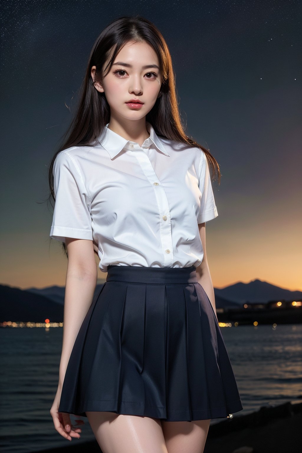 ((Best quality, 8k, 32k, Masterpiece, Photorealistic, UHD)),a Beautiful Japanese woman, 1girl, solo, 18yo, highly detailed glossy eyes, detailed facial, slender curves figure, pale skin, detailed skin texture, high school uniform, white shirt, navy blue skirt, at night, (beautiful starry sky), beautiful legs, highly details,