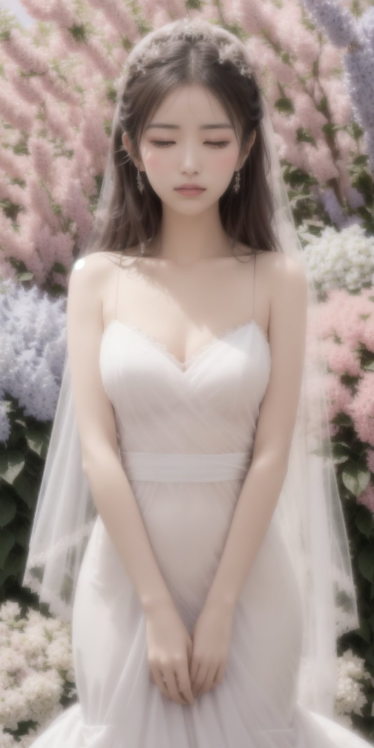 Surrealistic digital painting of a young woman with fair skin, 
White wedding dress, wedding photos,
curly fair hair, delicate facial features, enshrouded in a graceful, light pink fabric, slumbering among a plush hydrangea bed of pink and white blossoms, creating a dreamy, ethereal ambiance, palette consisting largely of pinks, whites, and lilacs, invoking a sense of serenity and tranquility, painterly strokes result in. A soft-focused portrait of a young woman with fair skin and curly brown hair with bangs, her delicate facial features illuminated by the gentle glow of a subtle pink fabric wrap. She slumbers amidst a plush hydrangea bed, where pink and white blossoms gently unfold, creating a dreamy, ethereal ambiance. Brushstrokes whisper whispers of pinks, whites, and lilacs, weaving a tapestry of serenity and tranquility. burlesque,shabby chic, fine art, epic, Boho gypsy, marquise, duchesse, dark fantasy.
White wedding dress, wedding photos,