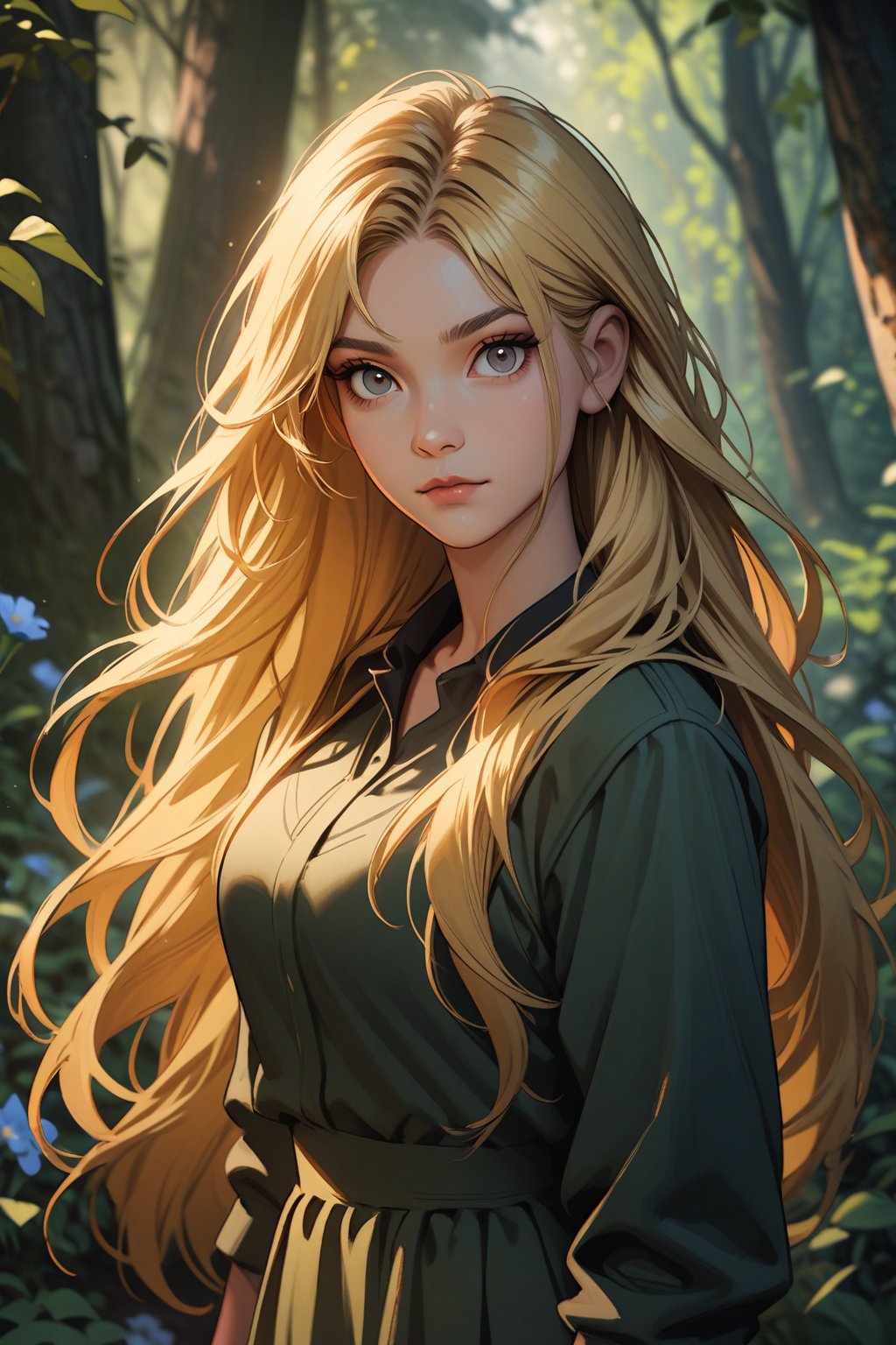 Tru3color46,th3t4styl3, 1girl, long hair, solo, blonde hair, nature, forest, looking at viewer, flower, outdoors, closed mouth, blurry background, very long hair, realistic