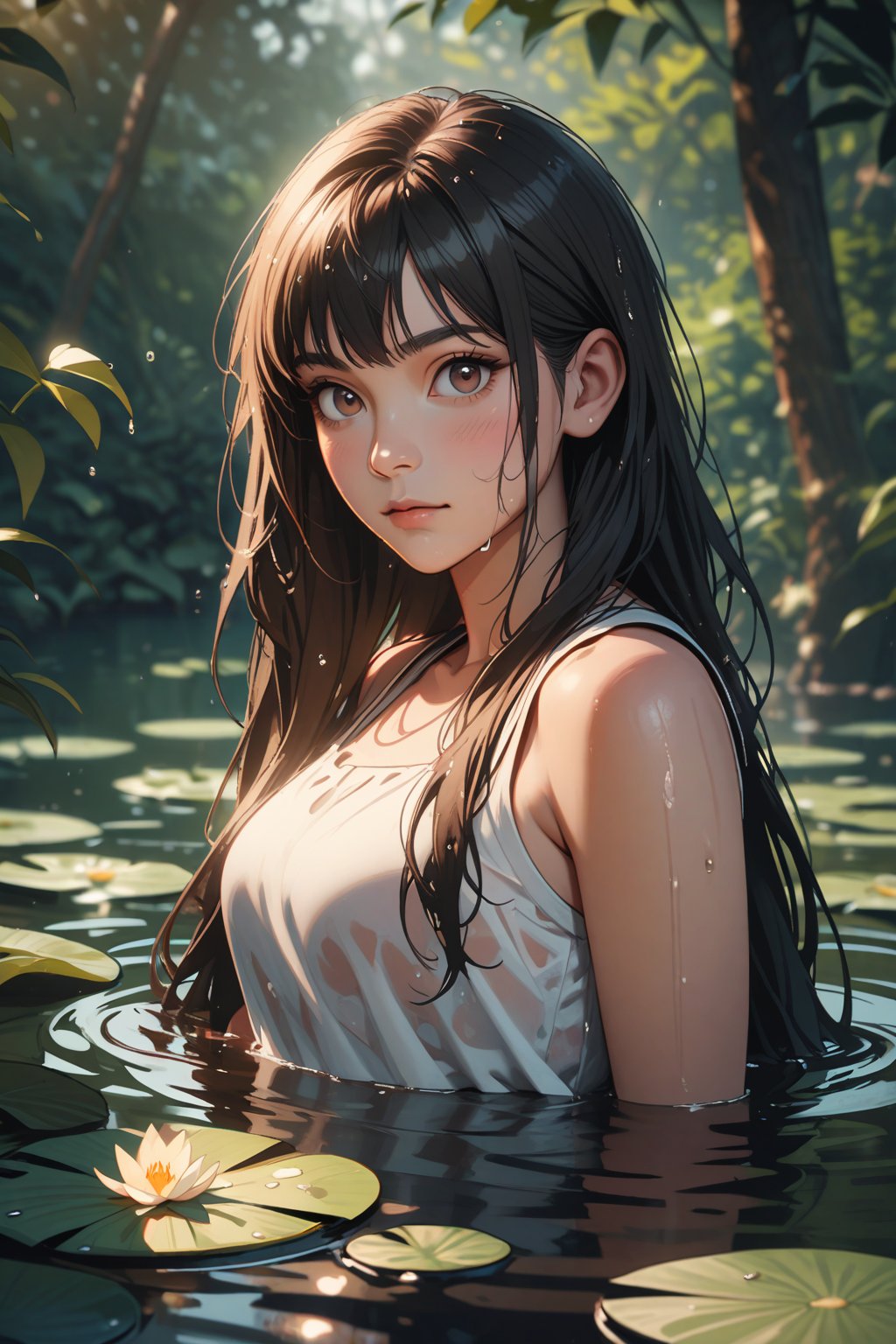 Tru3color46,th3t4styl3, 1girl, solo, long hair, outdoors, looking at viewer, water, wet, black hair, partially submerged, tree, sunlight, blush, brown eyes, sleeveless, wet clothes, day, white dress, bare shoulders, closed mouth, nature, dress, blurry, wet hair, lily pad, leaves, realistic
