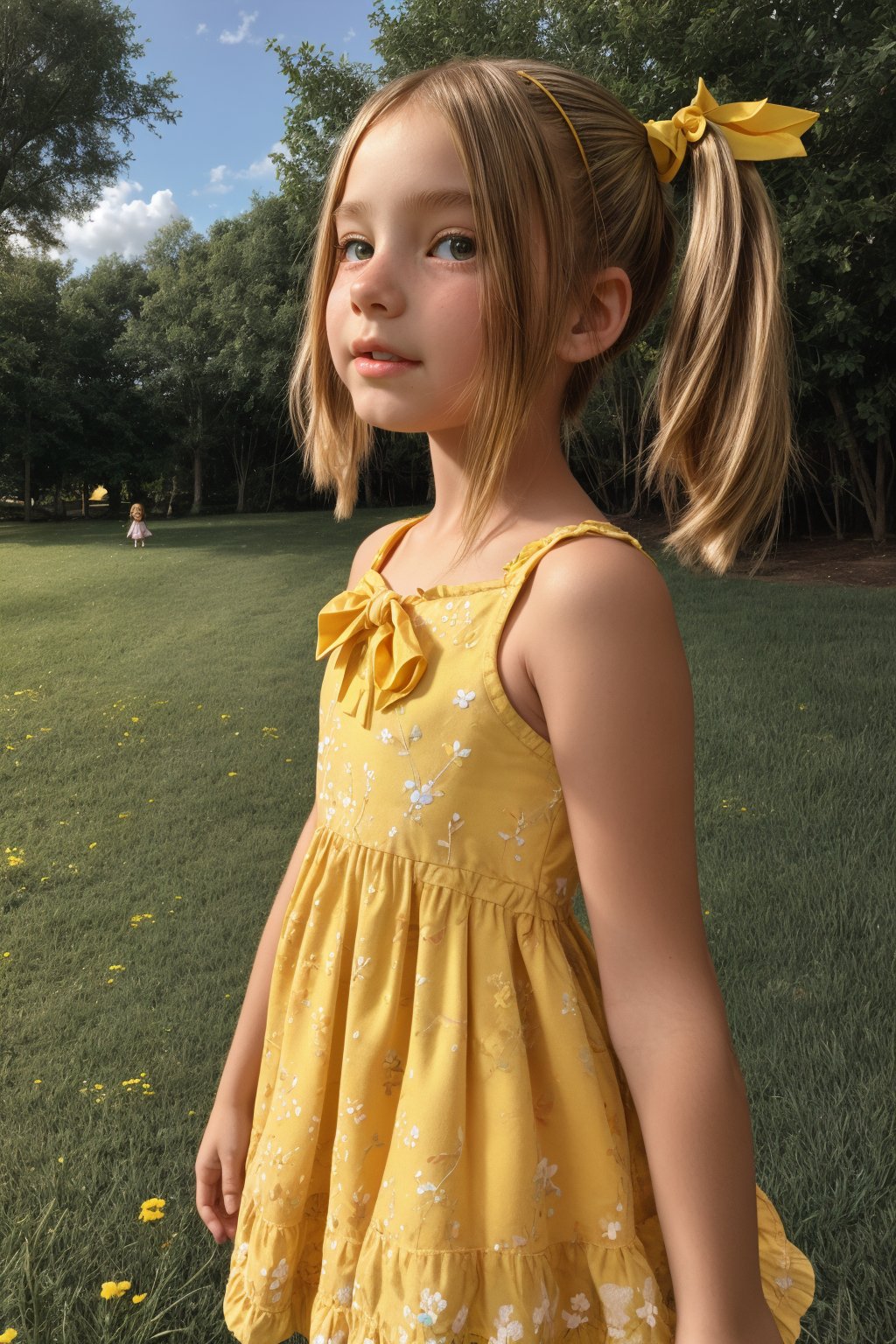 A young girl, around 8-10 years old, stands alone in a sunny backyard, surrounded by lush green grass and vibrant flowers. She looks up at something with wonder in her eyes, her blonde pigtails tied back with a ribbon, wearing a bright yellow sundress with white flowers embroidered along the hem.