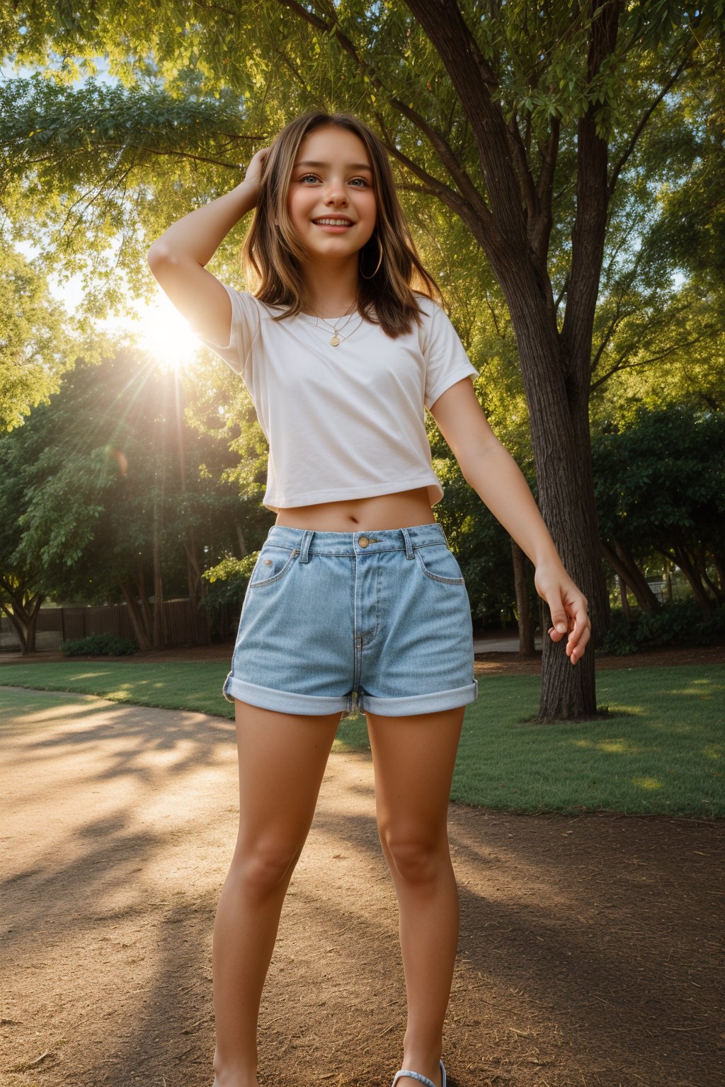 A vibrant, golden-hour scene: A radiant, bright-eyed young woman, her face aglow with joy and innocence, playfully poses in a sun-kissed park. Her petite form shines through casual attire, highlighting her carefree spirit as she beams with happiness amidst lush, colorful trees and a warm, sunny backdrop.