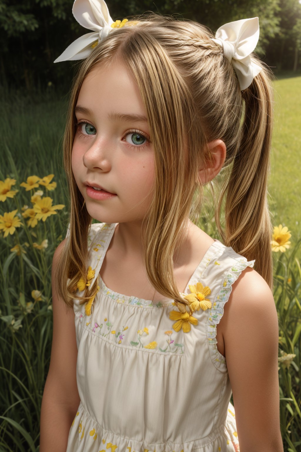 A young girl, around 8-10 years old, stands alone in a sunny backyard, surrounded by lush green grass and vibrant flowers. She looks up at something with wonder in her eyes, her blonde pigtails tied back with a ribbon, wearing a bright yellow sundress with white flowers embroidered along the hem.