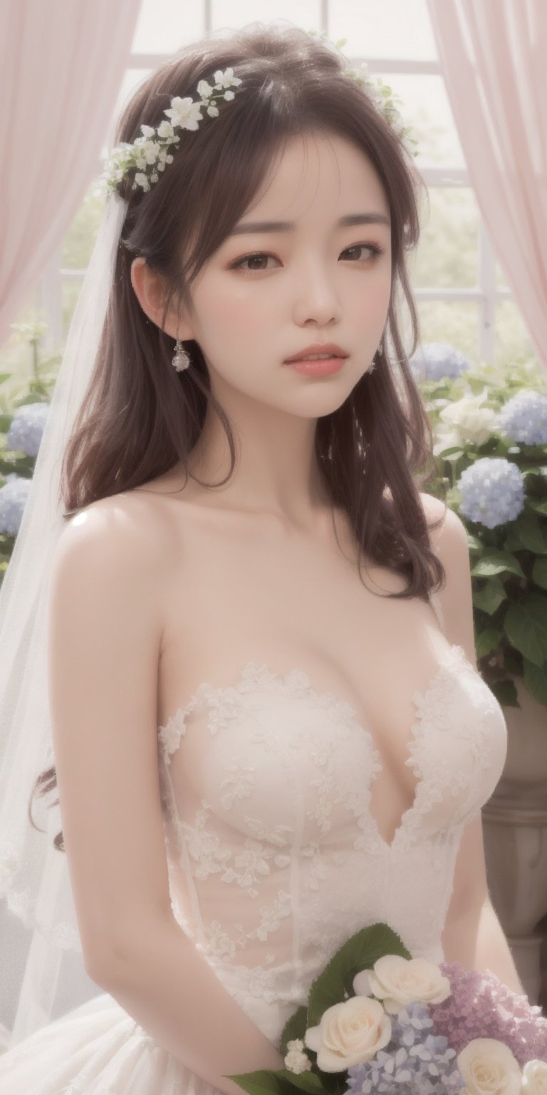 Surrealistic digital painting of a young woman with fair skin, 
White wedding dress, wedding photos,
curly fair hair, delicate facial features, enshrouded in a graceful, light pink fabric, slumbering among a plush hydrangea bed of pink and white blossoms, creating a dreamy, ethereal ambiance, palette consisting largely of pinks, whites, and lilacs, invoking a sense of serenity and tranquility, painterly strokes result in. A soft-focused portrait of a young woman with fair skin and curly brown hair with bangs, her delicate facial features illuminated by the gentle glow of a subtle pink fabric wrap. She slumbers amidst a plush hydrangea bed, where pink and white blossoms gently unfold, creating a dreamy, ethereal ambiance. Brushstrokes whisper whispers of pinks, whites, and lilacs, weaving a tapestry of serenity and tranquility. burlesque,shabby chic, fine art, epic, Boho gypsy, marquise, duchesse, dark fantasy.
White wedding dress, wedding photos,