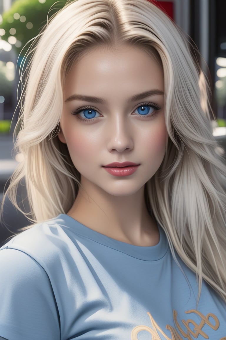 (best quality, 4k, 8k, highres, masterpiece), ultra-detailed, woman, long hair, looking at viewer, blue eyes, shirt, blonde hair, upper body, white hair, short sleeves, blurry, lips, blurry background, blue shirt, t-shirt, realistic, photorealistic