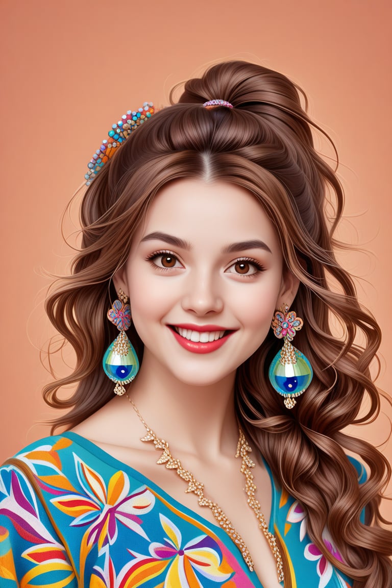 (best quality, 4k, 8k, highres, masterpiece), ultra-detailed, woman, long hair, looking at viewer, smile, open mouth, simple background, brown hair, jewelry, brown eyes, upper body, earrings, teeth, head tilt, sharp teeth, curly hair, orange background, realistic