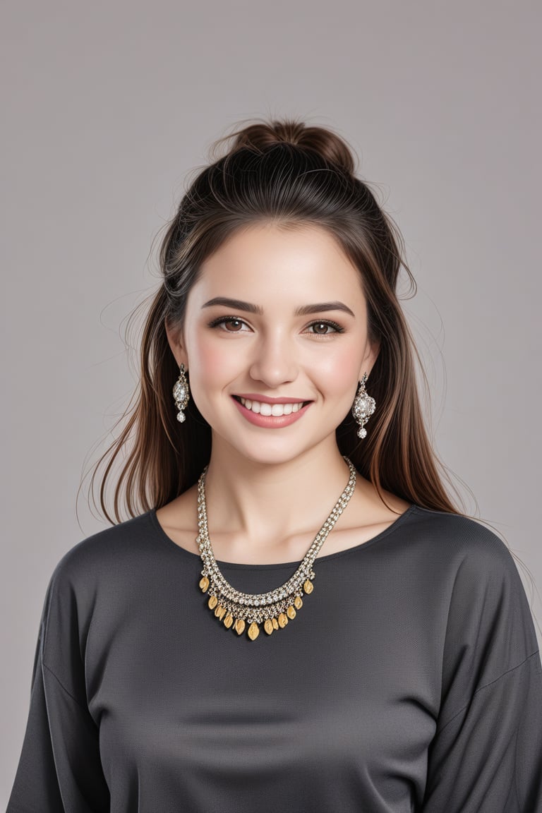 (best quality, 4k, 8k, highres, masterpiece), ultra-detailed, woman, long hair, looking at viewer, smile, simple background, shirt, brown hair, black hair, closed mouth, jewelry, brown eyes, earrings, grey background, necklace, black shirt, lips, portrait, forehead, realistic, photorealistic