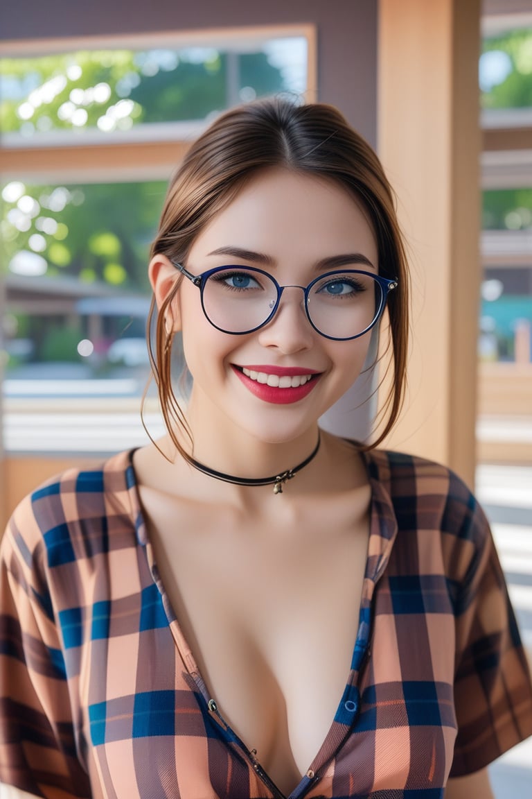 (best quality, 4k, 8k, highres, masterpiece), ultra-detailed, face makeup, cosmetic makeup, woman, long hair, shirt, brown hair, smile, upper body, short sleeves, glasses, mole, blurry, black shirt, lips, blurry background, sunglasses, mole under mouth, round eyewear, realistic, plaid shirt