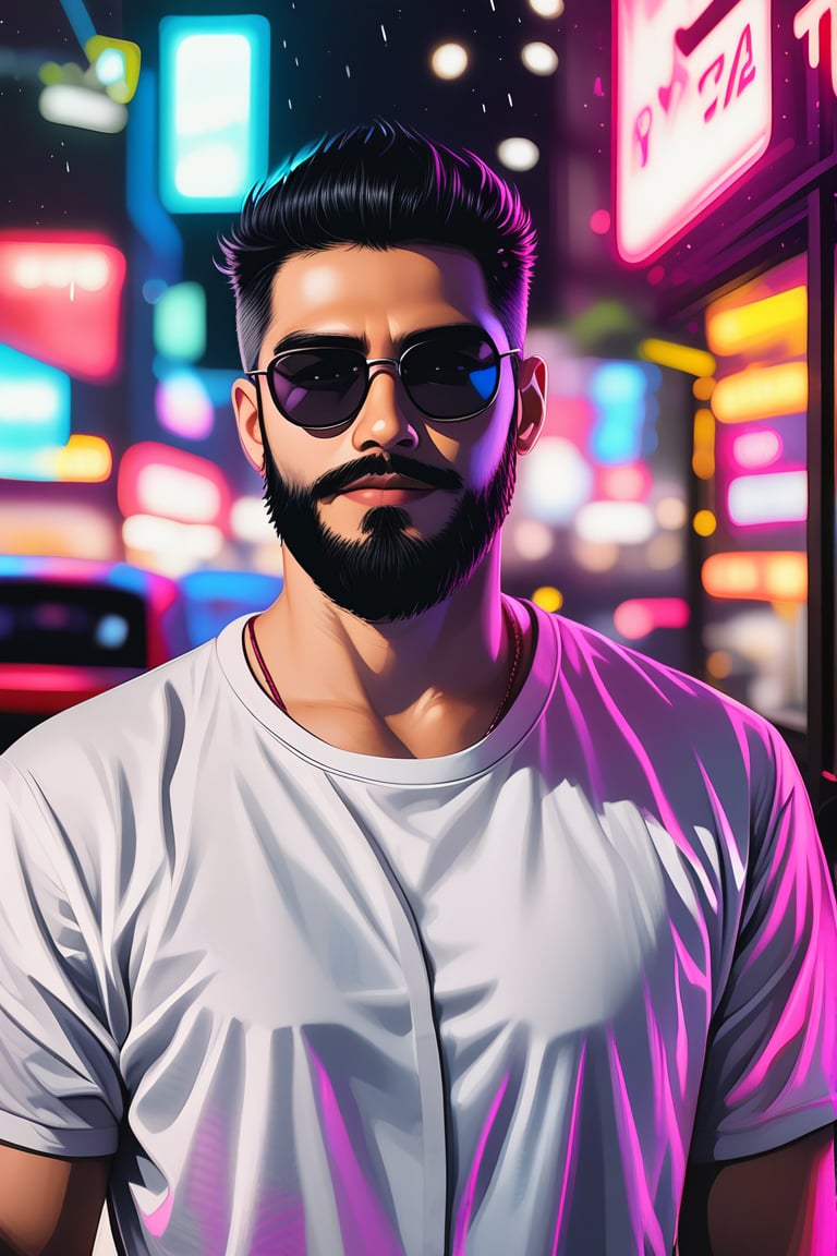 (best quality, 4k, 8k, highres, masterpiece), ultra-detailed, short hair, shirt, black hair, man, closed mouth, white shirt, upper body, male focus, glasses, blurry, blurry background, facial hair, night, sunglasses, t-shirt, beard, neon lights