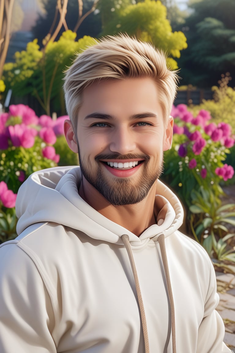 (best quality, 4k, 8k, highres, masterpiece), ultra-detailed, looking at viewer, smile, short hair, blonde hair, man, closed mouth, upper body, male focus, outdoors, hood, blurry, hoodie, blurry background, facial hair, hood down, beard, realistic, white hoodie