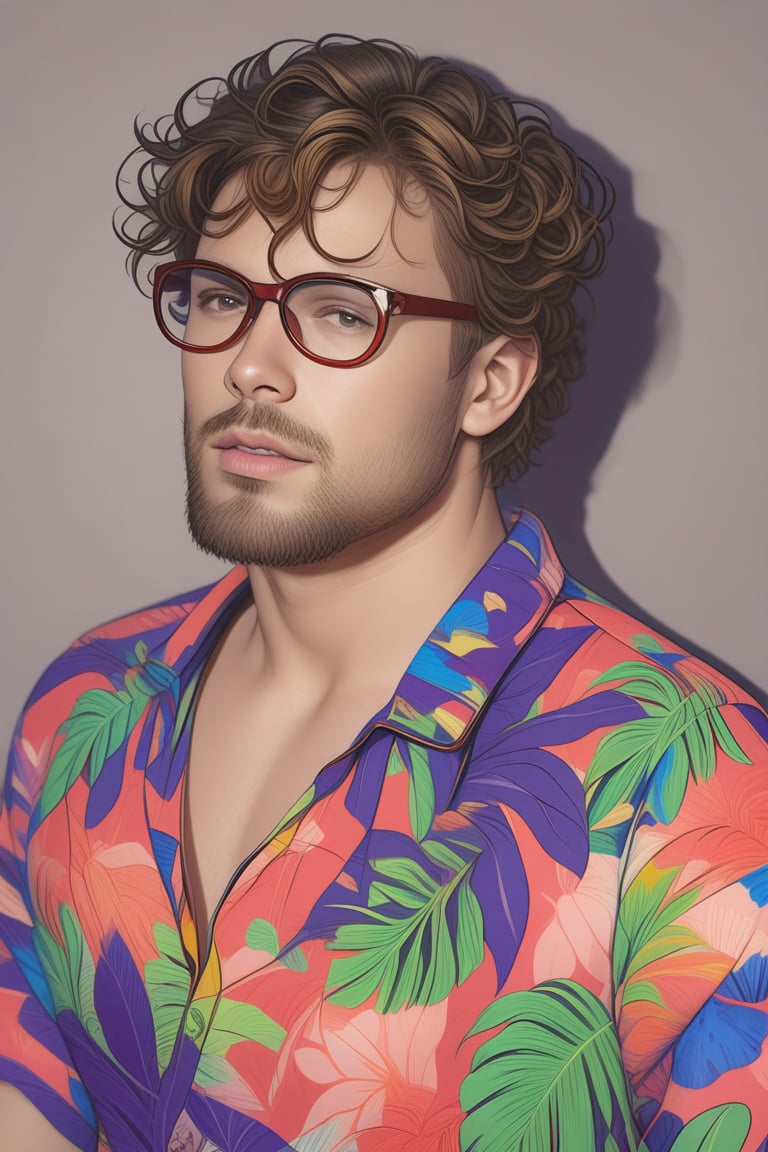 (best quality, 4k, 8k, highres, masterpiece), ultra-detailed, looking at viewer, short hair, simple background, shirt, brown hair, man, closed mouth, brown eyes, upper body, male focus, collared shirt, glasses, facial hair, blue shirt, portrait, beard, curly hair, realistic, hawaiian shirt