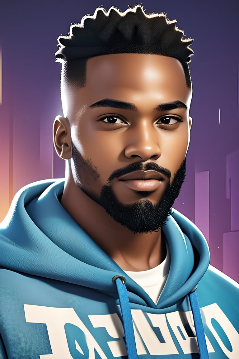 (best quality, 4k, 8k, highres, masterpiece), ultra-detailed, looking at viewer, short hair, black hair, man, upper body, male focus, hood, dark skin, hoodie, facial hair, dark-skinned male, hood down, beard, realistic, undercut, blue hoodie