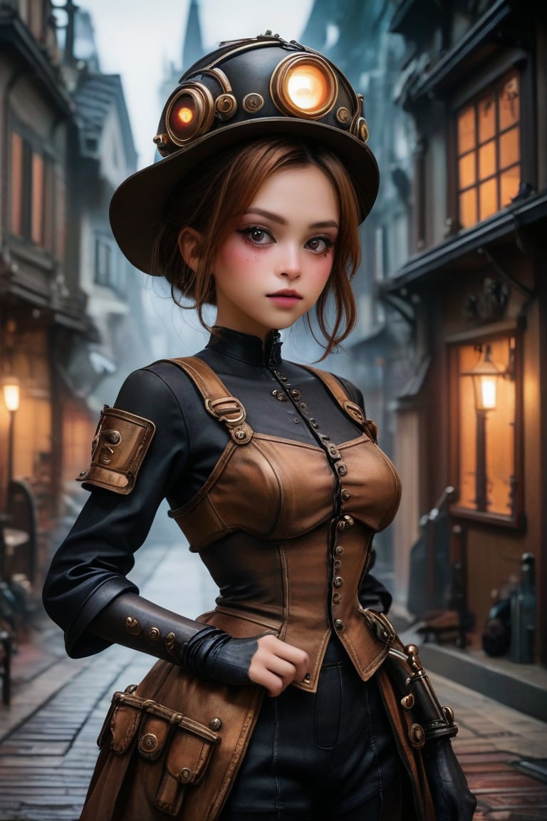 (ethereal dark fairy tale by Tim Sale), young anime girl steampunk, fight stance in a steampunk city, steampunk outfit, (dark + gothic, + foreboding background:1.4), more detail XL,Cartoon,Enhance,pixar style