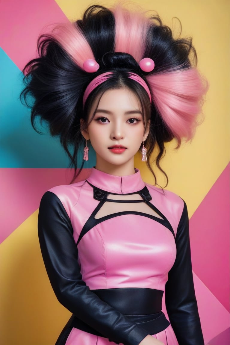 A girl has an elaborate hairstyle with a mix of black and pink tones, which could suggest a creative or rebellious personality. The presence of the colorful background may indicate a sense of vibrancy or action associated with the character. The attire, though not fully visible, appears to be a form-fitting top, hinting at a modern or fashionable aesthetic. The overall composition and style are indicative of a narrative-driven genre such as comics or graphic novels.