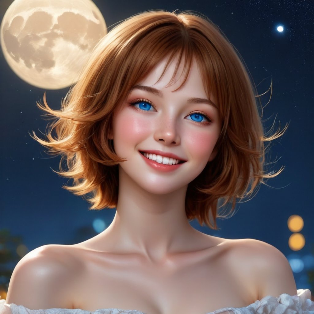 1girl, solo, looking at viewer, smile, short hair, blue eyes, brown hair, bare shoulders, closed mouth, collarbone, upper body, outdoors, blurry, lips, night, blurry background, moon, full moon, realistic,Enhanced Realistic