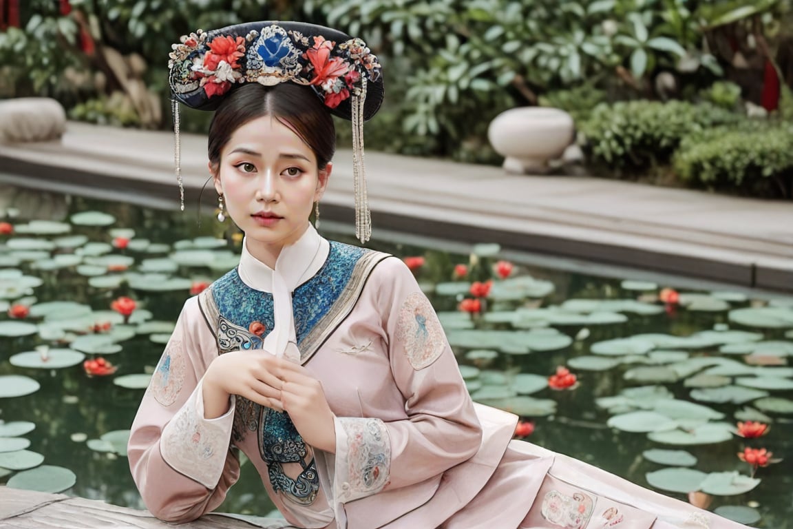 A Qing Dynasty princess, adorned in an intricately detailed traditional gown with ornate patterns and vibrant colors, gracefully sits by a lotus pond. Her makeup is subtle yet refined, highlighting her elegant features. She wears a meticulously styled headdress adorned with precious jewels and silk flowers, complementing her regal attire. The scene is bathed in soft natural light, emphasizing the intricate embroidery and accessories that signify her noble status. The composition captures her poised demeanor and the exquisite craftsmanship of her royal garments and accessories.