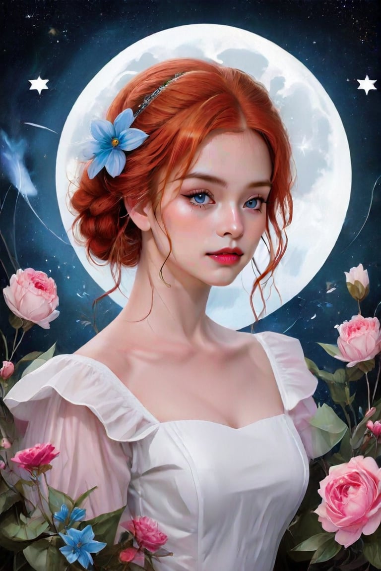 The image depicts a digital illustration of a woman with striking red hair styled in an updo. She has fair skin and is adorned with blue eyeshadow and pink lipstick, which complement her blue eyes. The woman is wearing a white dress with a visible ruffled neckline, suggesting a formal or romantic attire. Surrounding her are floral elements, including flowers with petals of pink, blue, and white, and green leaves, which add to the ethereal quality of the image. The background features a night sky with a full moon and stars, enhancing the mystical atmosphere of the artwork. The overall impression is one of beauty and fantasy.,Cartoon,Enhanced Realistic