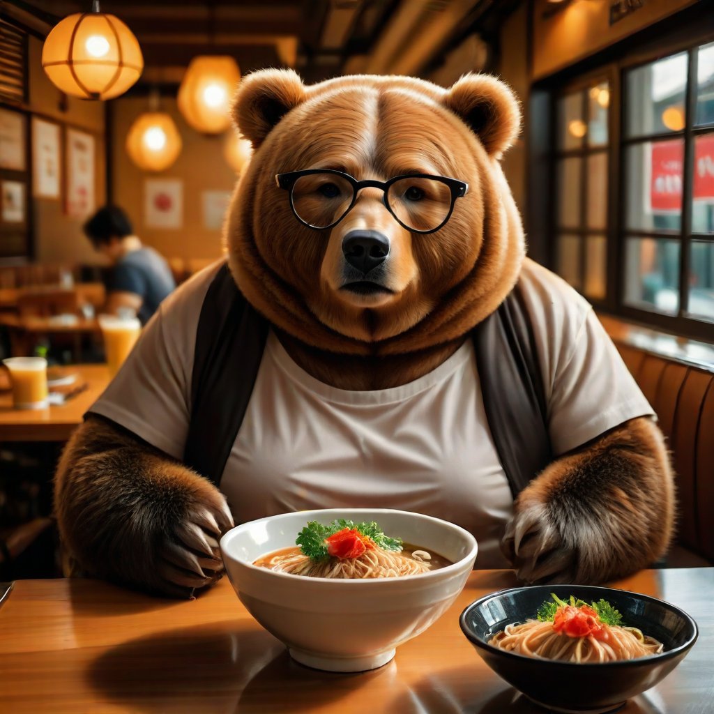 Create an extremely realistic photo of a fat bear wearing glasses and a short-sleeved shirt, sitting at a table and eating ramen in a cozy, dimly lit diner. The image features ultra-sharp focus, realistic textures and fur, and rich colors. The composition is high definition, HDR, with extreme and intricate details, sharp focus, and enhanced all aspects for a masterpiece quality photo. The bear is in a satisfied pose, with detailed facial features and expressive eyes, set against a detailed, warmly lit diner background with steam rising from the ramen bowl.