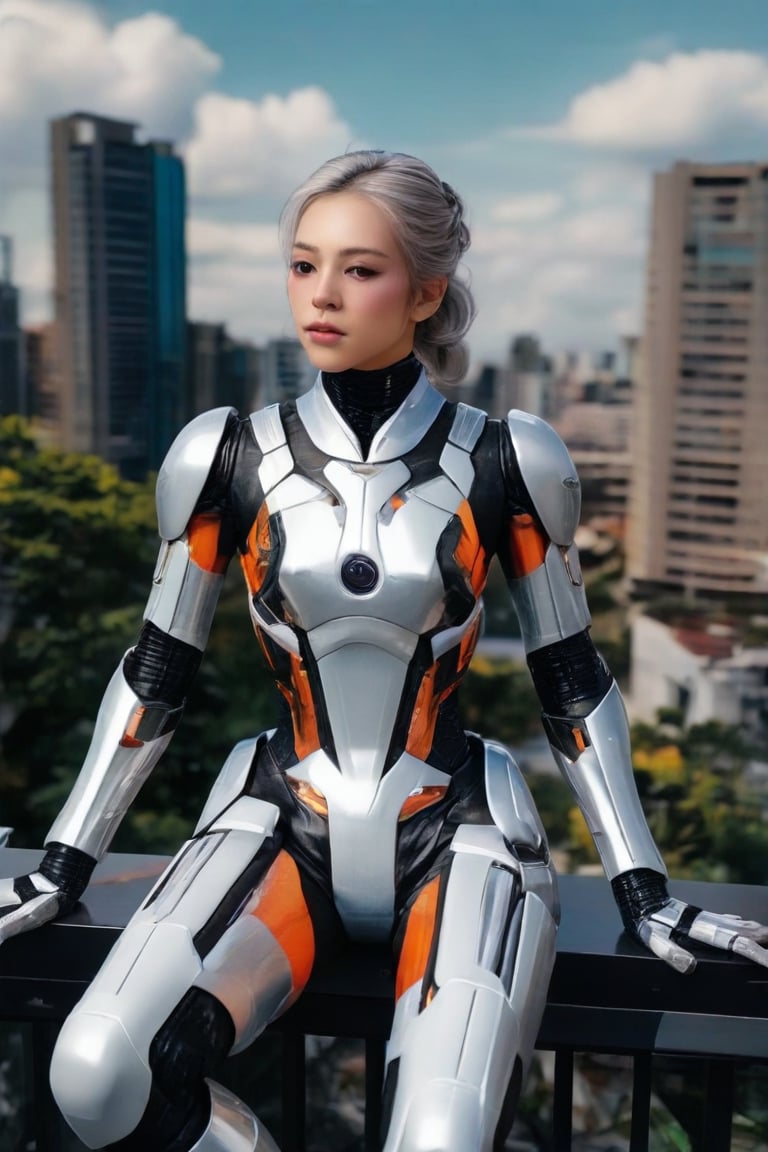 The image features a person sitting on a balcony, dressed in a futuristic armor suit. The suit is predominantly silver with black and orange accents, and it includes a variety of mechanical elements like circular lenses or screens and a metallic arm with a complex joint. The person's hair is styled up, and they are gazing into the distance with a contemplative expression. The background reveals a clear sky with scattered clouds and urban buildings, suggesting a city setting. The attire and setting evoke themes of science fiction and speculative technology.