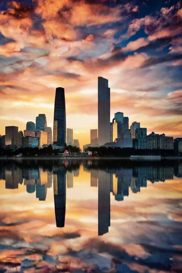 outdoors, sky, cloud, water, no humans, building, scenery, reflection, sunset, city, cityscape, skyscraper, skyline, real world location,Realistic Enhance