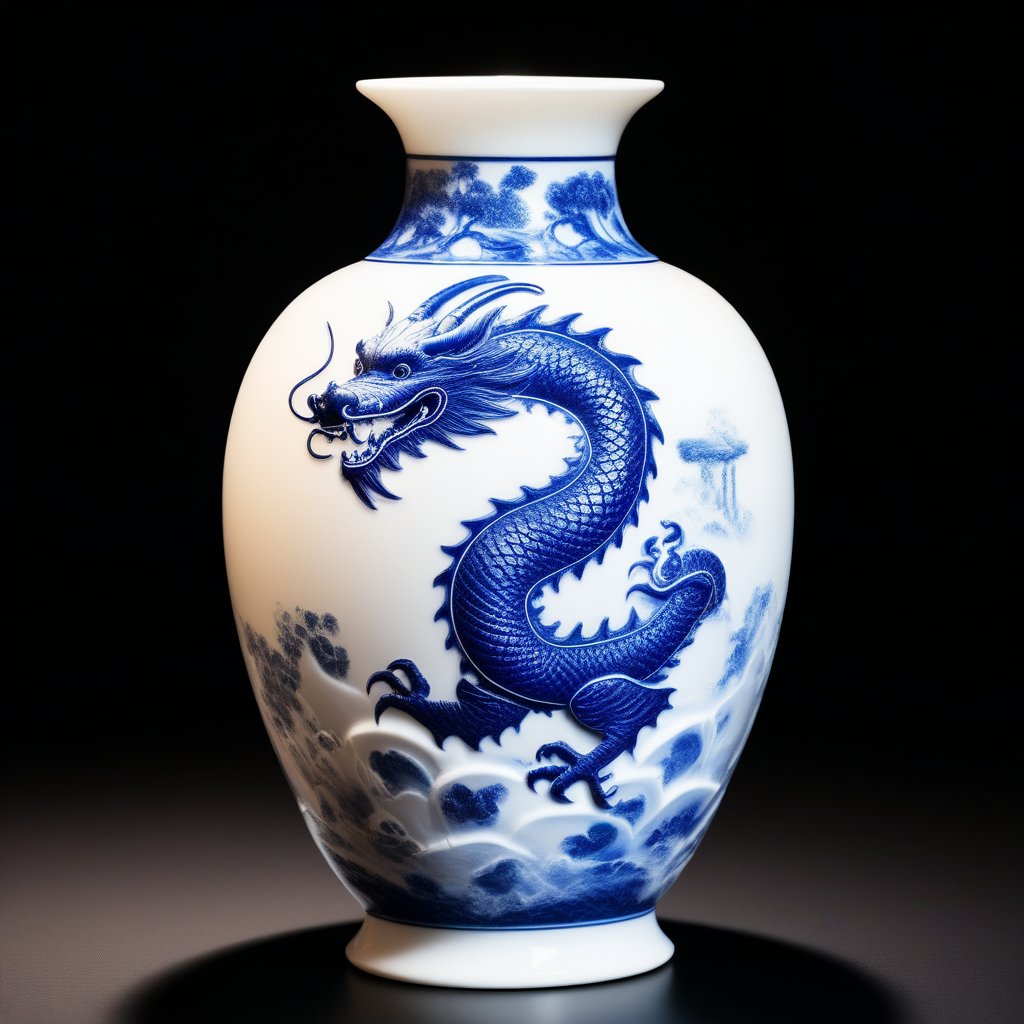 Create an image of a white Chinese vase with a Theo blue ink drawing of a Chinese dragon and a calligraphy inscription. The vase is set against a velvet black background, illuminated by a soft box light effect, highlighting the intricate details and the vibrant blue ink. The composition focuses on the vase, with the dragon and calligraphy prominently displayed, capturing the elegance and cultural significance of the piece.,Unique Masterpiece,Enhanced Realistic