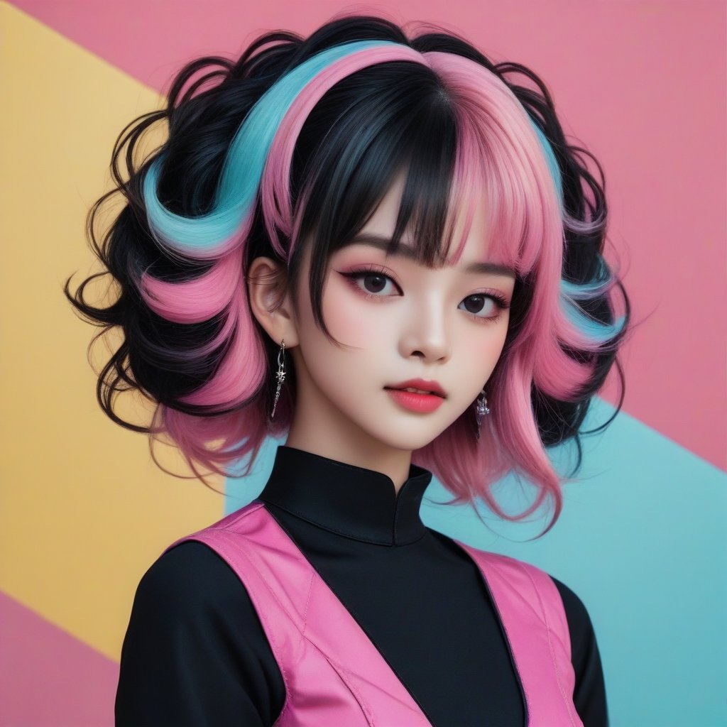 A girl has an elaborate hairstyle with a mix of black and pink tones, which could suggest a creative or rebellious personality. The presence of the colorful background may indicate a sense of vibrancy or action associated with the character. The attire, though not fully visible, appears to be a form-fitting top, hinting at a modern or fashionable aesthetic. The overall composition and style are indicative of a narrative-driven genre such as comics or graphic novels.