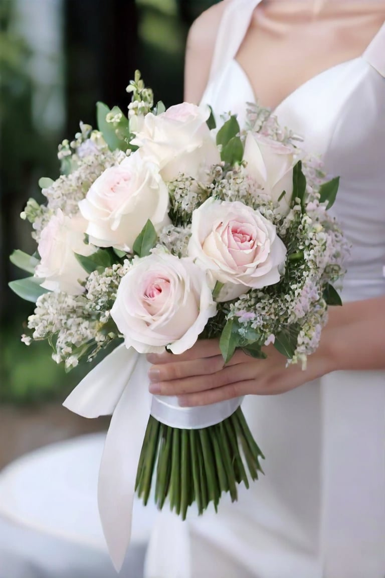 "Draw a delicate and romantic bridal bouquet. The bouquet is medium-sized .The main flowers in the bouquet include white roses, lavender, and baby's breath (gypsophila), symbolizing pure love and fidelity. Interspersed among the main flowers are fresh green leaves and a few small pastel pink flowers, adding a gentle and soft accent. The bouquet is wrapped with a white satin ribbon, tied into a delicate bow at the handle. The late afternoon light casts soft shadows, highlighting the natural beauty and elegance of the bouquet. The artistic style should be gentle and refined, with soft and bright tones."
