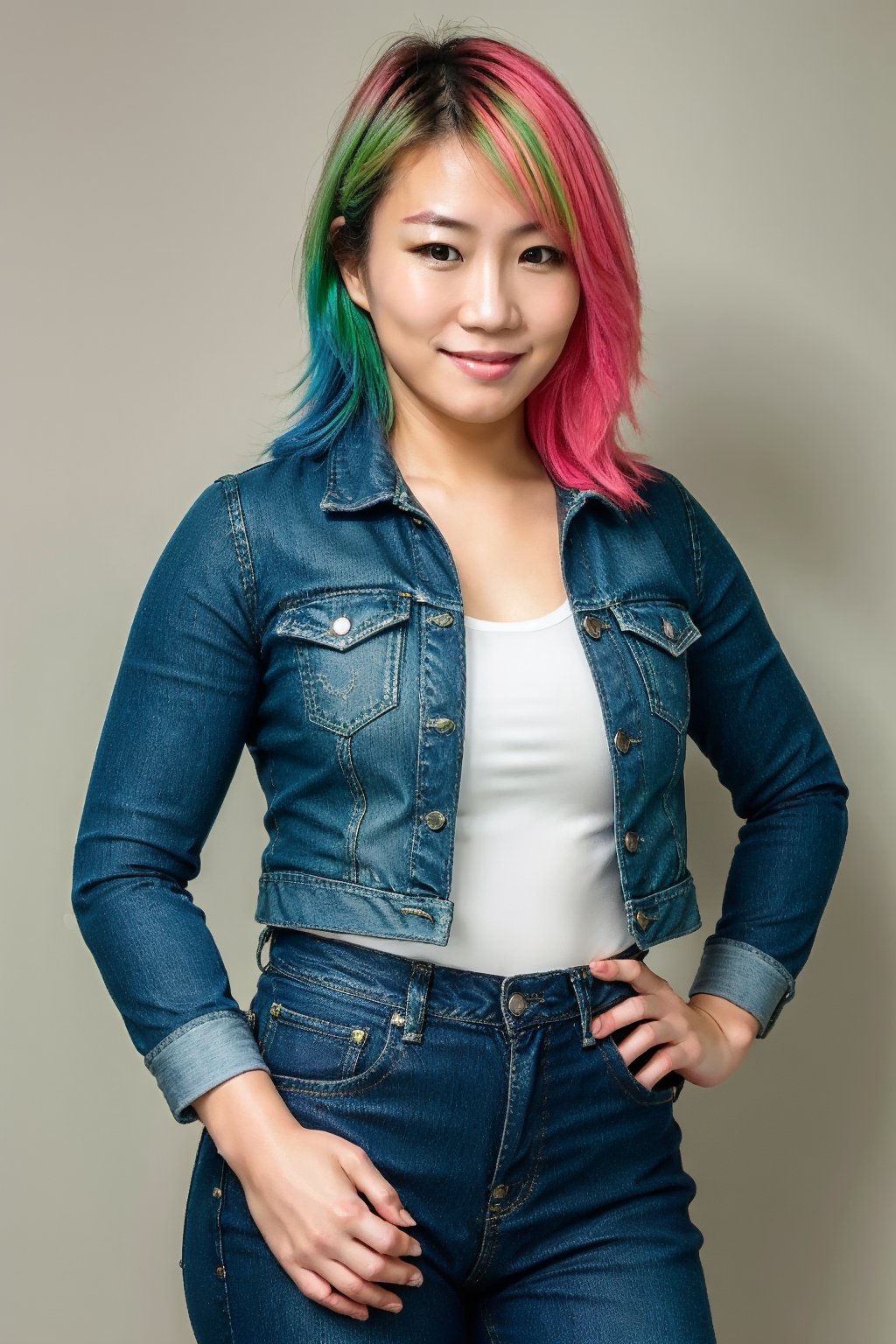 japanese woman, sexy smile, green and pink hair, wearing tight levis jeans and levis women denim jacket in light blue color