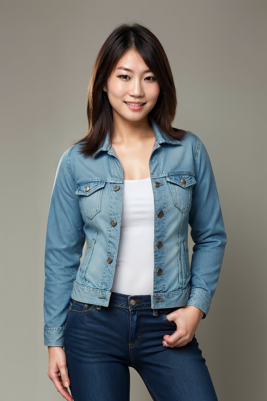 japanese woman, sexy smile, wearing tight levis jeans and levis women denim jacket in light blue color