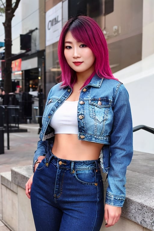 Asuka, hot denim pants, cropped denim jacket into her waist