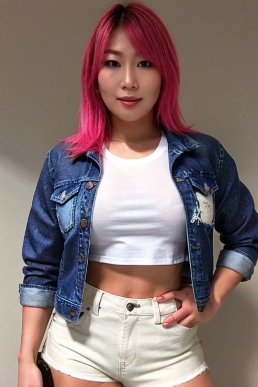 Asuka, she is wearing jeans, cropped denim jacket and a sexy t-shirt