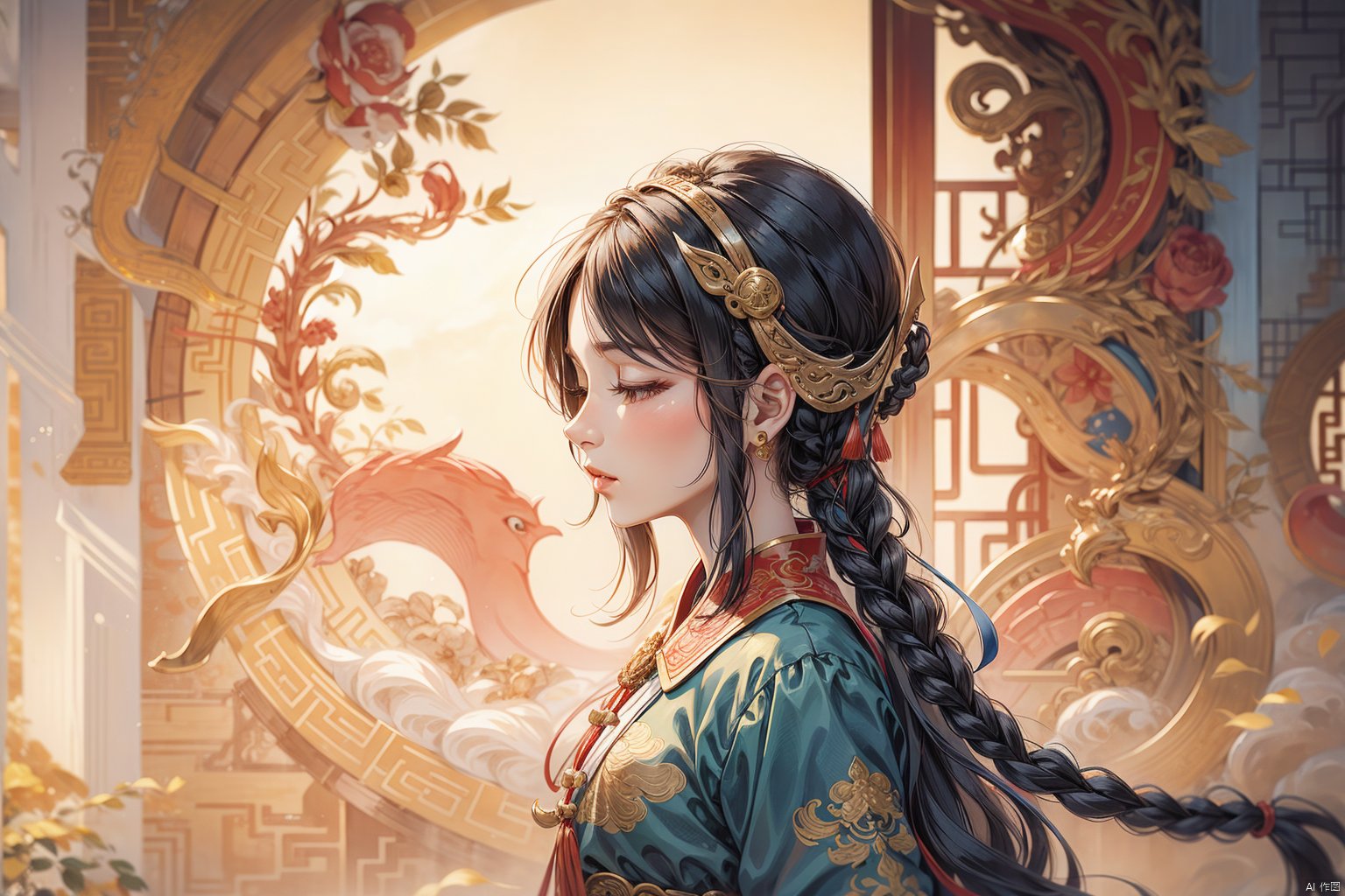 1girl, solo, long hair, black hair, upper body, braid, from side, profile, chinese clothes, half-closed eyes, waves