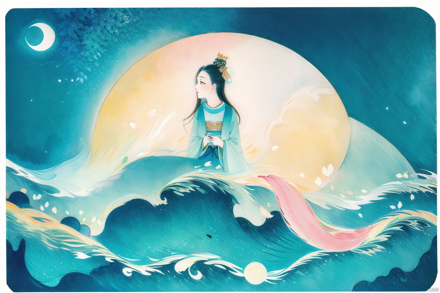  1girl  artist name  black hair  chinese clothes  cloud  constellation  crescent  crescent moon  crown  fish  jewelry  lily pad  long hair  long sleeves  mermaid  moon  night  night sky  painting \(medium\)  planet  shooting star  signature  sky  solo  star \(sky\)  starry sky  traditional media  water  watercolor \(medium\) 