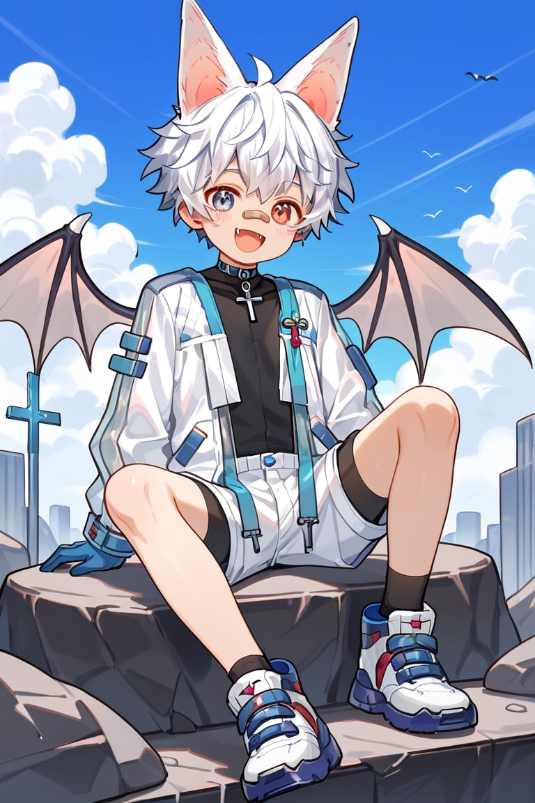 solo,male_child,BREAK,
vup-xh,vup-xh face,vup-xh hair,fox_ears,bandaid,bandaid on face,choker,cross,bodysuit,jacket,gloves,bat wings,shorts,shoes,BREAK,
(prefect_feets,prefect_hands,prefect_eyes:1.05),
sky,riverbank,sitting on rock,laughing,BREAK,
score_9,score_8_up,score_7_up,score_6_up,score_5_up,