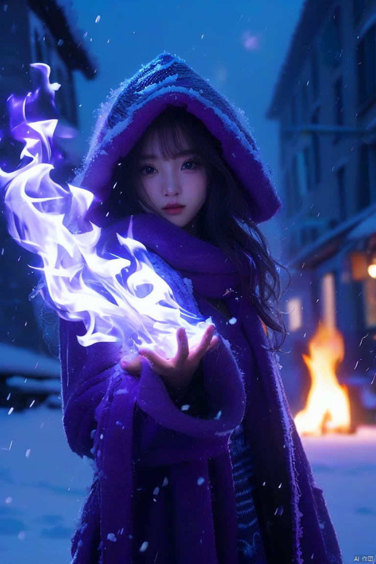 (purple fire:1.2),(a girl surrounded by blue flames),the burning hand,in winter,street,a (1girl:1.3) made of (purple fire:1.2),